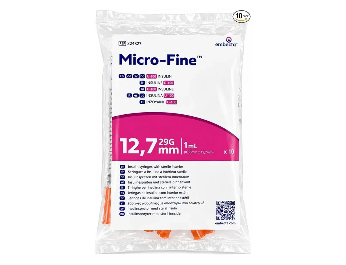 Insulin needles/Syringes (Embecta Micro-Fine) ther1 mL - 29G × 12.7 mm (10 Pack)
